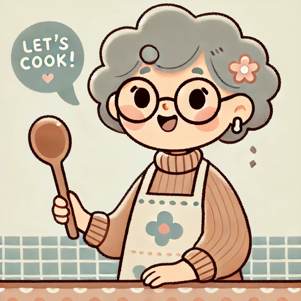 Cartoon Grandma saying 'Let's Cook!'