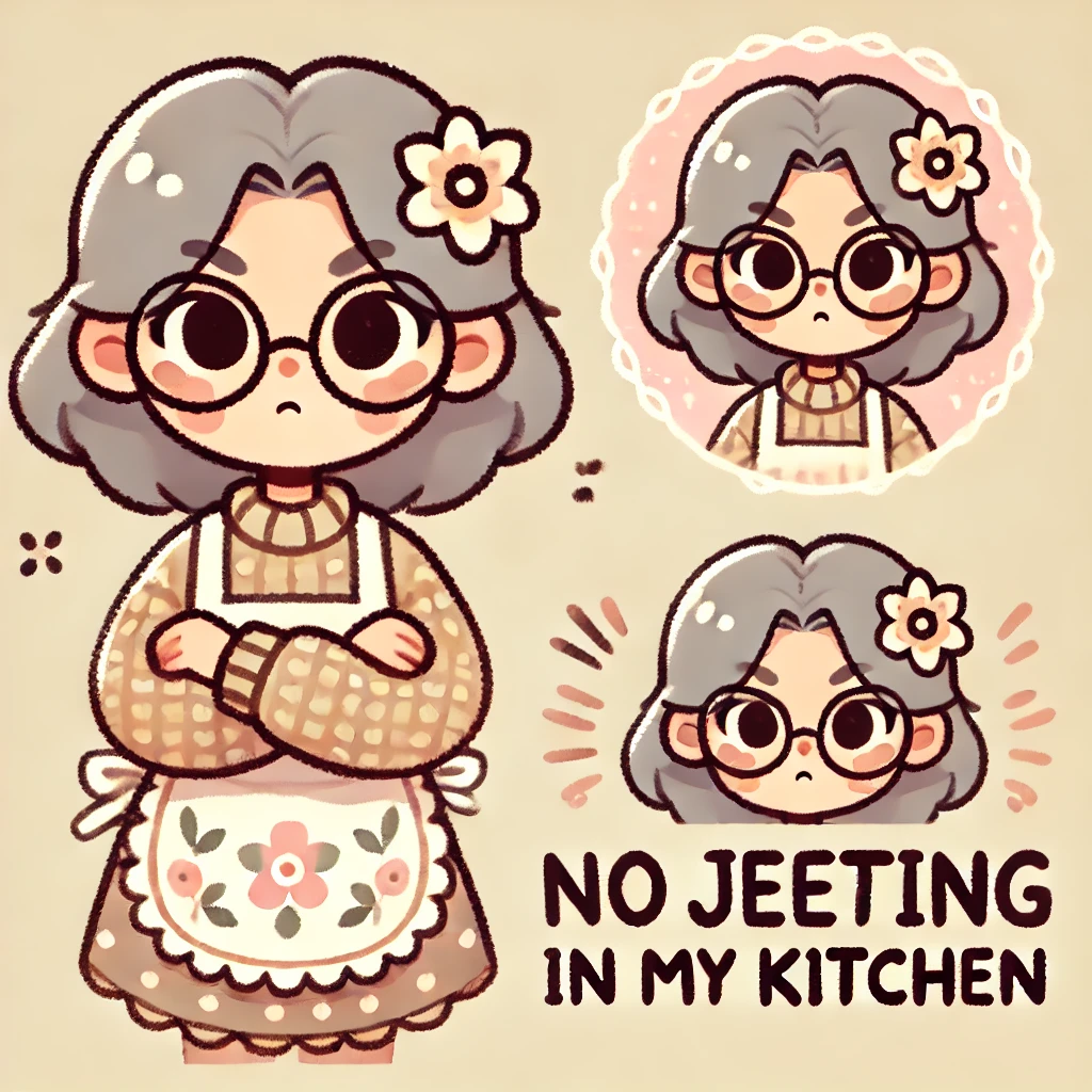 Cartoon Grandma saying 'No jeeting'